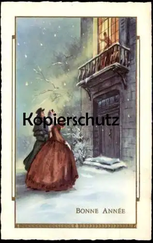 ALTE PRÄGE POSTKARTE BONNE ANNÉE COUPLE PAAR WINTERNACHT SCHNEE VOR VILLA ERLEUCHTETES FENSTER VERGOLDET cpa postcard