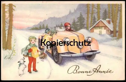 ALTE KÜNSTLER POSTKARTE BONNE ANNÉE ENFANT VOITURE CHIEN FILLE KIND MÄDCHEN girl child Auto Hund dog cpa postcard