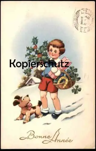 ALTE KÜNSTLER POSTKARTE BONNE ANNÉE ENFANT CHIEN FILLE KIND MÄDCHEN ILEX girl child Hund dog Ansichtskarte cpa postcard