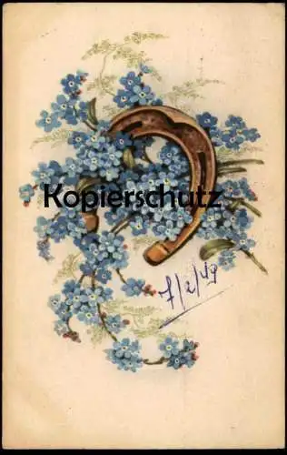 ALTE POSTKARTE VERGISSMEINNICHT MYOSOTIS FLEURS FER Á CHEVAL forget-me-nots horseshoe Blume Blumen flower cpa postcard
