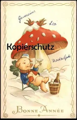 ALTE POSTKARTE SCHWEIN UNTERM FLIEGENPILZ SEKT BONNE ANNÉE NEUJAHR pig cochon vermenschlicht Ansichtskarte cpa postcard