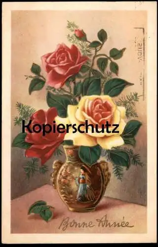 ALTE POSTKARTE BONNE ANNÉE NEUJAHR VERGOLDET BLUMEN IN EINER VASE Blume fleurs flower cpa postcard AK Ansichtskarte