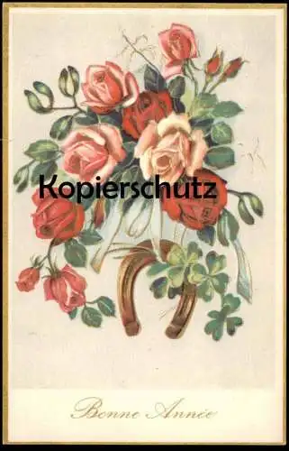 ALTE POSTKARTE BONNE ANNÉE NEUJAHR VERGOLDET Hufeisen horseshoe fer à cheval Blume Blumen fleurs flower cpa postcard AK
