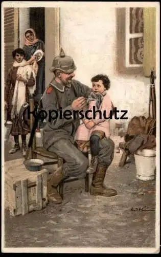 ALTE KÜNSTLER POSTKARTE SOLDAT FÜTTERT KIND ERNST HEILEMANN MILITÄR 1. WELTKRIEG PICKELHAUBE Ansichtskarte postcard AK