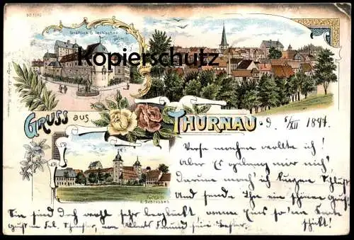 ALTE LITHO POSTKARTE GRUSS AUS THURNAU PANORAMA RÜCKSEITE DES SCHLOSSES GRÄFLICH GRIECH'SCHES SCHLOSS BAYERN AK postcard