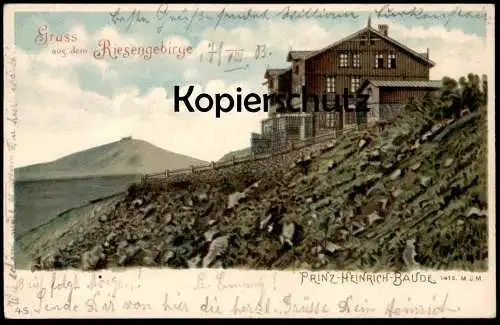 ALTE LITHO POSTKARTE GRUSS AUS DEM RIESENGEBIRGE PRINZ-HEINRICH-BAUDE 1410 METER Krummhübel Karpacz Karkonosze Krkonose