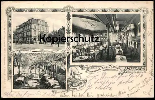 ALTE POSTKARTE GRUSS AUS RESTAURANT ZUM LÄMMCHEN DRESDEN STRASSENBAHN HALTESTELLE BLASEWITZER STRASSE REIMERT postcard