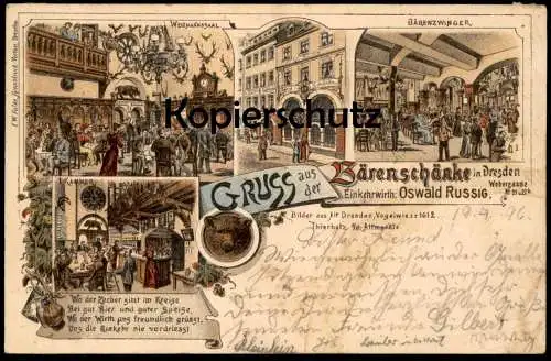 ALTE LITHO POSTKARTE GRUSS AUS DER BÄRENSCHÄNKE DRESDEN OSWALD RUSSIG BÄRENZWINGER RESTAURANT Bär ours bear postcard