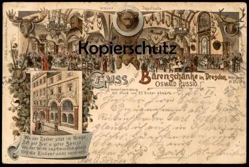 ALTE LITHO POSTKARTE GRUSS AUS DER BÄRENSCHÄNKE DRESDEN OSWALD RUSSIG GROSSE JAGDHALLE RESTAURANT Bär ours bear postcard