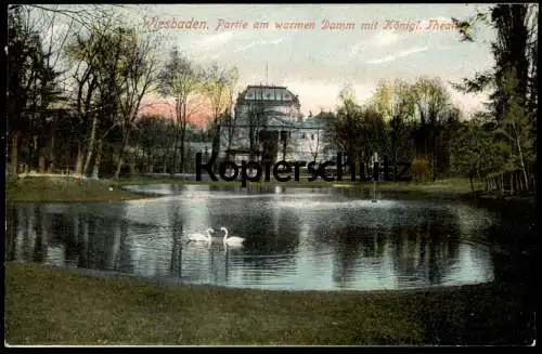 ALTE POSTKARTE WIESBADEN PARTIE AM WARMEN DAMM MIT KÖNIGLICHEM THEATER SCHWAN SCHWÄNE PARK parc Ansichtskarte postcard