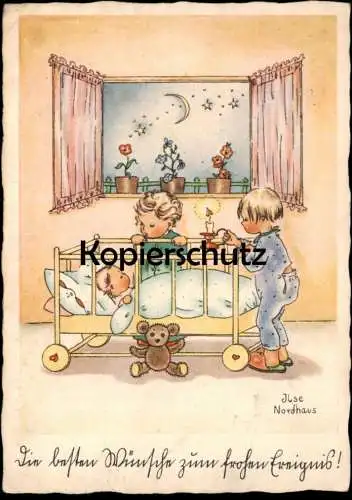 ALTE KÜNSTLER POSTKARTE KINDER ILSE NORDHAUS GEBURT Kind Mädchen Jungen Teddy Bär Mond bear moon Ansichtskarte postcard