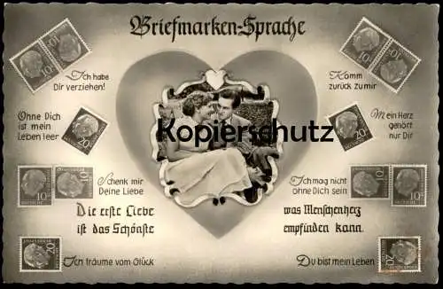 ÄLTERE POSTKARTE BRIEFMARKENSPRACHE Briefmarke couple Briefmarken postage stamp stamps timbre langage timbres Herz heart