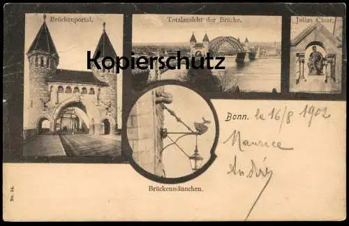 ALTE POSTKARTE BONN AM RHEIN BRÜCKENMÄNNCHEN BRÜCKENPORTAL JULIUS CÄSAR TOTALANSICHT Ansichtskarte postcard AK cpa