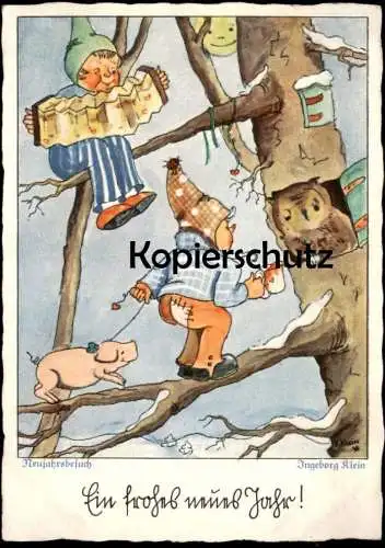 ALTE POSTKARTE ZWERGE EULE SCHWEIN EIN FROHES NEUES JAHR Owl hibou Zwerg Neujahr new year bonne année dwarf midget AK