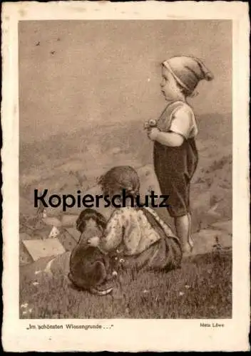 ALTE KÜNSTLER POSTKARTE IM SCHÖNSTEN WIESENGRUNDE KINDER HUND META LÖWE children dog enfant chien Ansichtskarte postcard