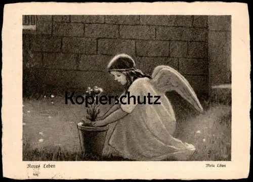 ALTE POSTKARTE NEUES LEBEN ENGEL SETZT PFLANZE BLUME META LÖWE angel ange girl child enfant Kinder postcard cpa