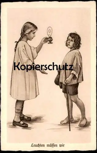 ALTE KÜNSTLER POSTKARTE LEUCHTEN MÜSSEN WIR LICHT LAMPE KINDER MÄDCHEN META LÖWE children enfants Ansichtskarte postcard