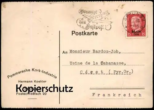 ALTE FIRMEN-POSTKARTE STETTIN POMMERSCHE KORK-INDUSTRIE HERMANN KOEHLER 1930 Szczecin Poland polska postcard AK cpa