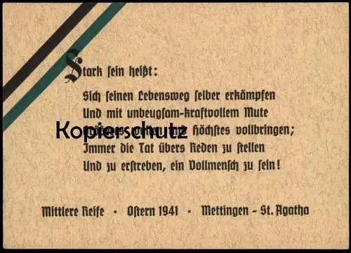 ALTE KARTE METTINGEN ST. AGATHA OSTERN 1941 MITTLERE REIFE STARK SEIN HEISST SICH SEINEN LEBENSWEG ERKÄMPFEN Postkarte