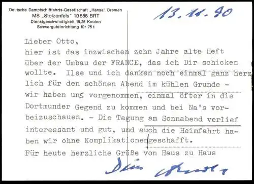 ÄLTERE POSTKARTE FRACHTSCHIFF MS STOLZENFELS DEUTSCHE DAMPFSCHIFFFAHRTS-GESELLSCHAFT HANSA Schiff cargo ship postcard AK