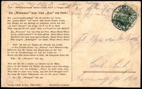 ALTE POSTKARTE KÖLN CARNEVAL 1912 KÖLSCH KATZELEED CÖLN KARNEVAL DE WIENANZ HAN NEN HAS EM POTT Katze Lied song cat chat