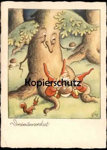 ALTE POSTKARTE DREIMÄNNERSKAT ZWERGE VERMENSCHLICHT SPIELEN SKAT ERNST FAY dwarf play cards squirrel tree postcard