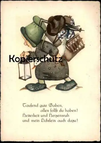 ALTE POSTKARTE ZWERG MIT GANS RUCKSACK LATERNE TAUSEND GUTE GABEN, ALLES SOLLST DU HABEN dwarf nain midget AK postcard