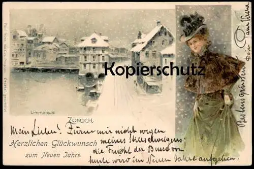 ALTE KÜNSTLER POSTKARTE ZÜRICH HERZLICHEN GLÜCKWUNSCH ZUM NEUEN JAHRE LIMMATQUAI DAME MIT HUT postcard cpa Ansichtskarte