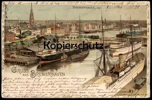 ALTE LITHO POSTKARTE GRUSS AUS BREMERHAVEN DAMPFER PANORAMA HAFEN harbour Schiff Schiffe ship Ansichtskarte postcard cpa