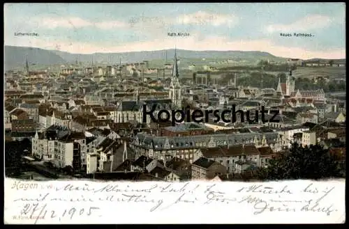 ALTE POSTKARTE HAGEN WESTFALEN PANORAMA LUTHERKIRCHE KATHOLISCHE KIRCHE NEUES RATHAUS Ansichtskarte AK postcard cpa