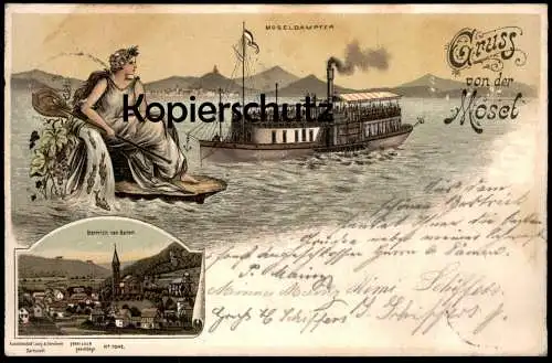 ALTE LITHO POSTKARTE GRUSS VON DER MOSEL MOSELDAMPFER BAD BERTRICH VON OSTEN NIXE MERMAID Ansichtskarte AK postcard cpa