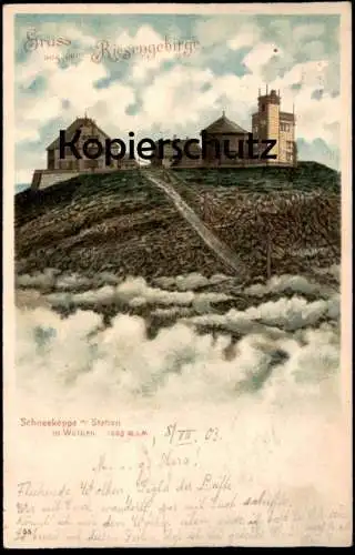 ALTE PRÄGE-POSTKARTE GRUSS AUS DEM RIESENGEBIRGE SCHNEEKOPPE STATION IN DEN WOLKEN Schlesien Ansichtskarte postcard cpa