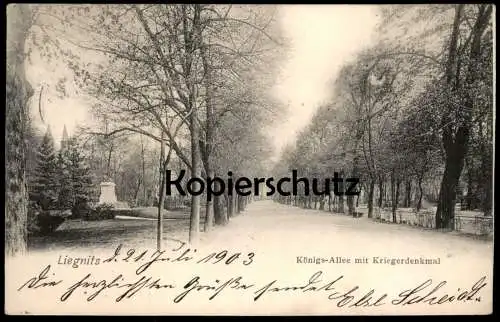 ALTE POSTKARTE LIEGNITZ KÖNIGS-ALLEE MIT KRIEGERDENKMAL KÖNIGSALLEE DENKMAL SCHLESIEN Legnica postcard Ansichtskarte