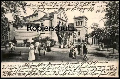 ALTE POSTKARTE LIEGNITZ SCHIESSHAUS DAMEN HERREN ROLLSTUHL SCHIRM SCHLESIEN Legnica postcard Ansichtskarte