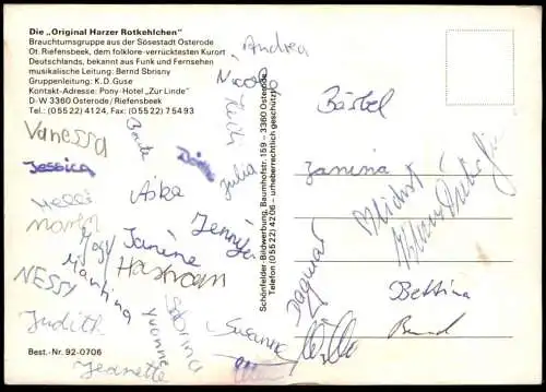 ÄLTERE POSTKARTE DIE ORIGINAL HARZER ROTKEHLCHEN RIEFENSBEEK OSTERODE HARZ SBRISNY GUSE CHOR MUSIK HARZ AUTOGRAMM AK cpa