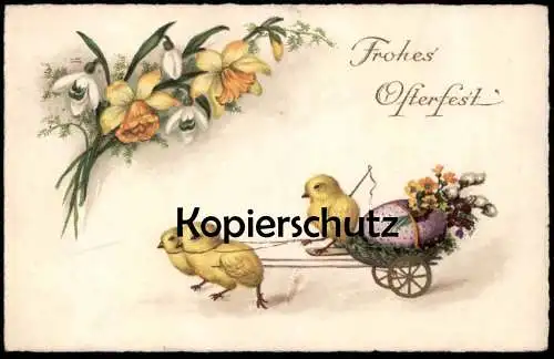 ALTE POSTKARTE FROHES OSTERFEST KUTSCHER MIT PEITSCHE KÜKEN ZIEHEN KUTSCHE MIT OSTEREI chick easter paques postcard cpa