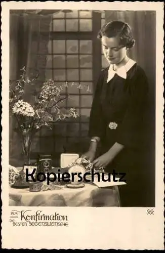 ALTE POSTKARTE ZUR KONFIRMATION DIE BESTEN WÜNSCHE GESCHENKE KAMERA ROLLEICORD FOTOAPPARAT WECKER camera postcard AK