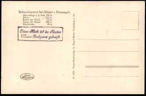 ALTE POSTKARTE RIESENGEBIRGE BOBERTALSPERRE MAUER Talsperre Jezioro Pilchowickie Pilchowice Ansichtskarte cpa postcard