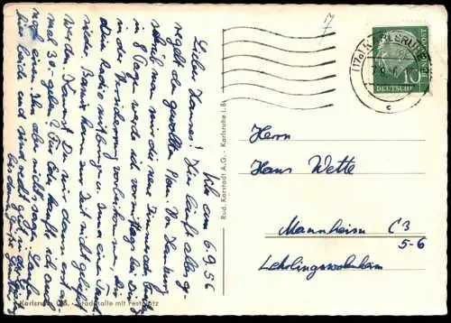ALTE POSTKARTE KARLSRUHE STADTHALLE MIT FESTPLATZ Autos 1956 Ansichtskarte AK postcard cpa