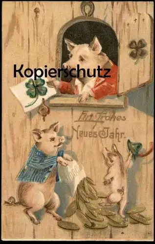 ALTE PRÄGE POSTKARTE EIN FROHES NEUES JAHR SCHWEINE VERMENSCHLICHT POSTBEAMTER BRIEF MÜNZEN pig Ansichtskarte postcard