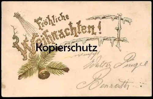 ALTE PRÄGE POSTKARTE FRÖHLICHE WEIHNACHTEN GOLDENE GLOCKE ZWEIG vergoldet clarine bell cloche Ansichtskarte postcard AK