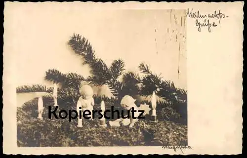 ALTE POSTKARTE WEIHNACHTSGRÜSSE MARGIT KISCHER ? 1930 TANNENWZEIG HOLZFIGUREN ENGEL Krippe ? christmas AK cpa postcard