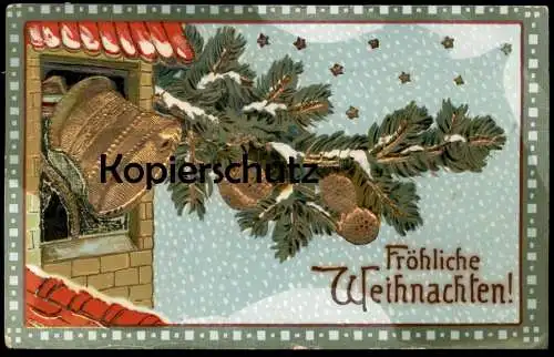 ALTE PRÄGE POSTKARTE FRÖHLICHE WEIHNACHTEN GOLDENE GLOCKE ZWEIG vergoldet clarine bell cloche Ansichtskarte postcard AK