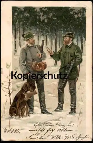 ALTE POSTKARTE GLÜCKLICHES NEUJAHR MAILICK SCHNEE WINTER JÄGER HUND FUCHS HASE hunter dog fox hare postcard cpa AK
