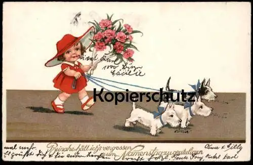 ALTE POSTKARTE MÄDCHEN MIT HUNDEN BEINAHE HÄTT ICH'S VERGESSEN NAMENSTAG HUND SPITZ dog chien pomeranian postcard cpa AK