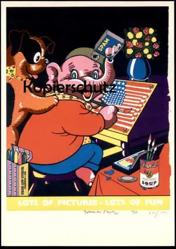 POSTKARTE EDUARDO PAOLOZZI WHITECHAPEL GALLERY ELEFANT VERMENSCHLICHT HUND CAMPBELL SOUP dog elephant tusker USA