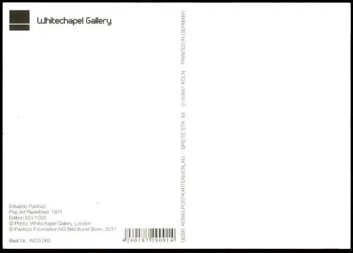 POSTKARTE EDUARDO PAOLOZZI WHITECHAPEL GALLERY ELEFANT VERMENSCHLICHT HUND CAMPBELL SOUP dog elephant tusker USA