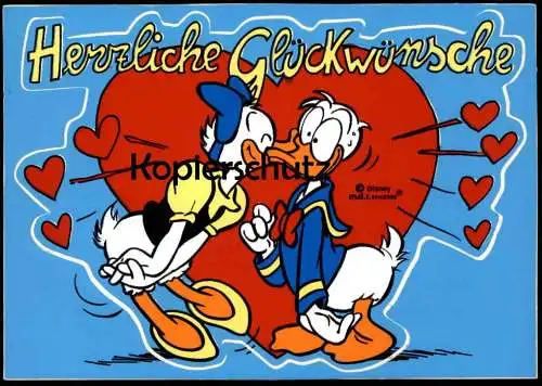 POSTKARTE DAISY & DONALD DUCK HERZLICHE GLÜCKWÜNSCHE LIEBE LOVE KISS KÜSSEN AUFKLEBER STICKER 1990 Disney postcard AK