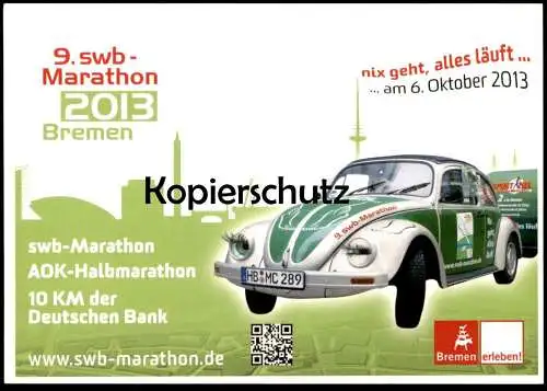 POSTKARTE SWB AOK MARATHON BREMEN ERLEBEN 2013 VW KÄFER Volkswagen Auto Ansichtskarte cpa postcard AK