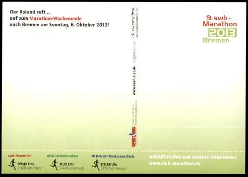 POSTKARTE SWB AOK MARATHON BREMEN ERLEBEN 2013 VW KÄFER Volkswagen Auto Ansichtskarte cpa postcard AK
